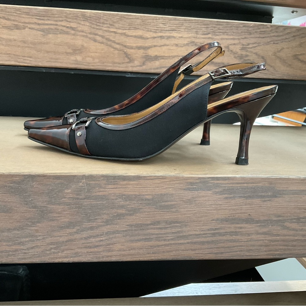 Stuart Weitzman Black Slingback Heels with Brown Tortoiseshell Trim